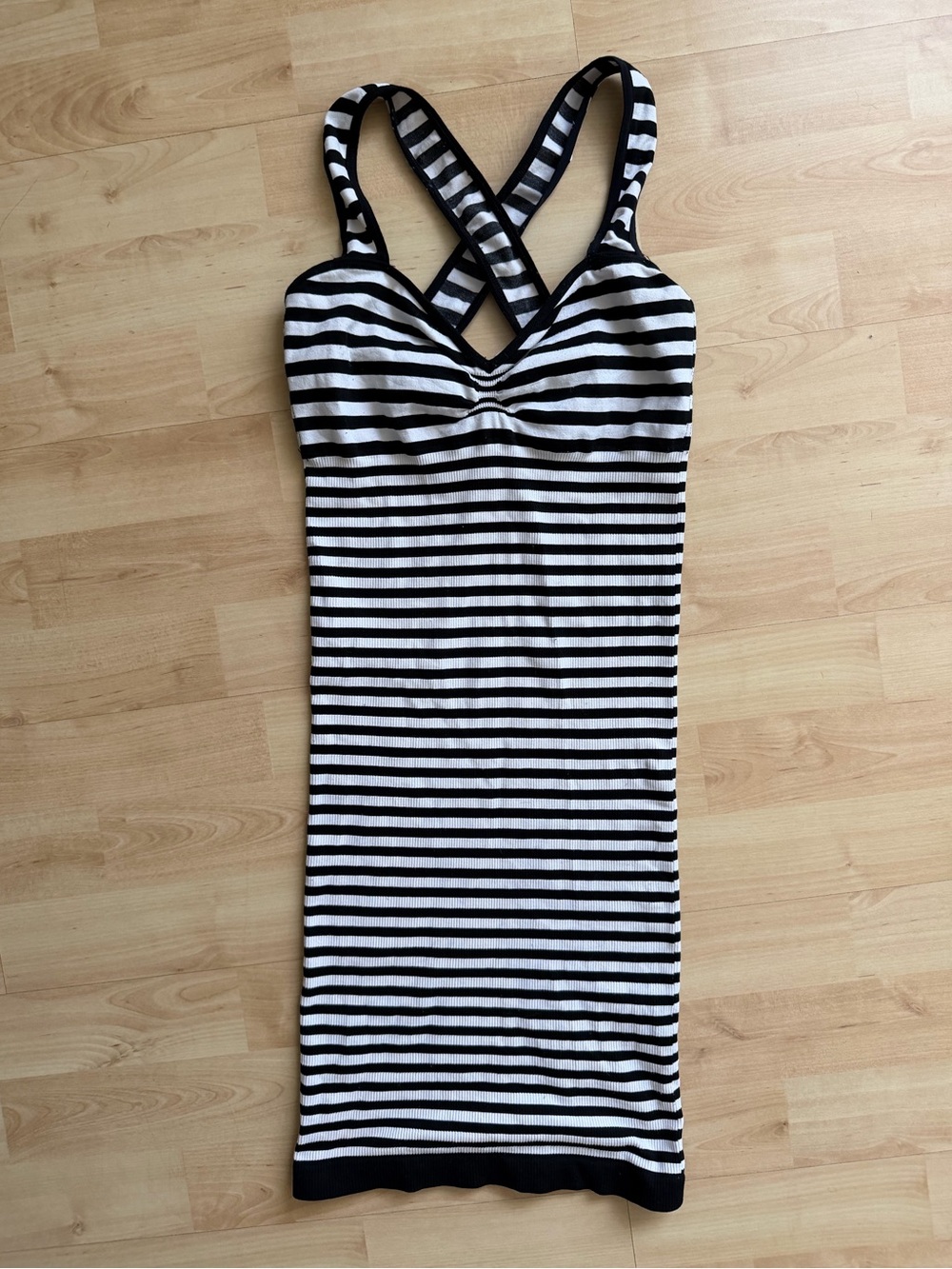 Bebe Striped Black and White Crisscross Strap Dress